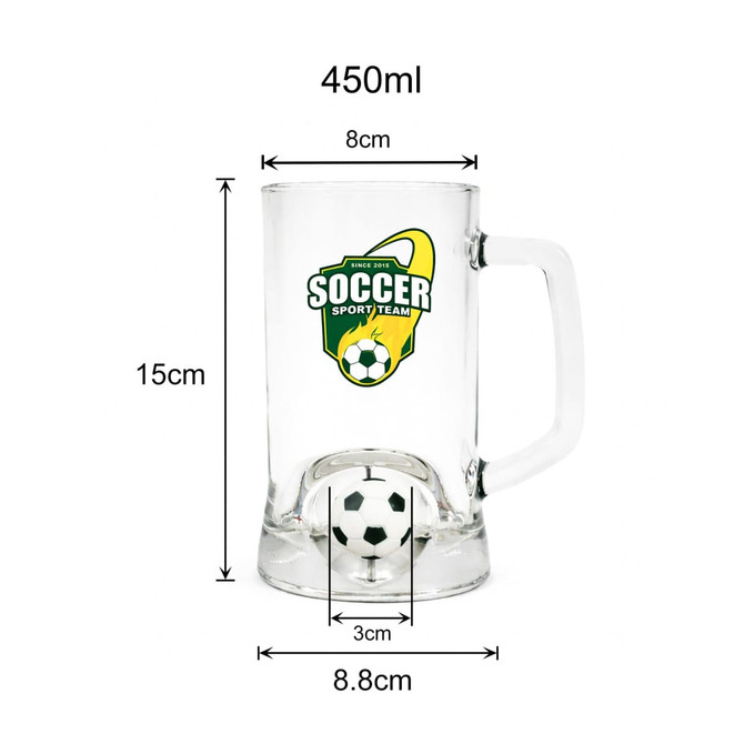 A beer glass with a custom spinner toy featuring a soccer ball design, transparent and 450ml capacity.