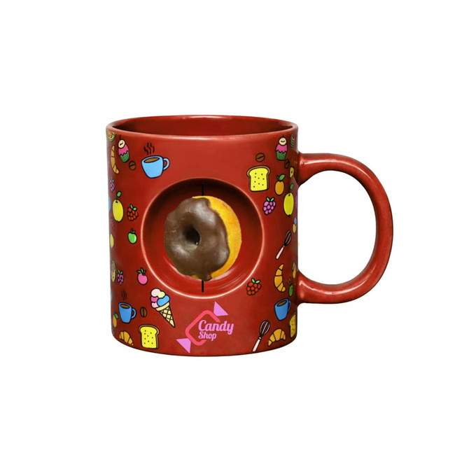 A red ceramic coffee mug decorated with various food graphics and featuring a donut spinner toy in the centre.