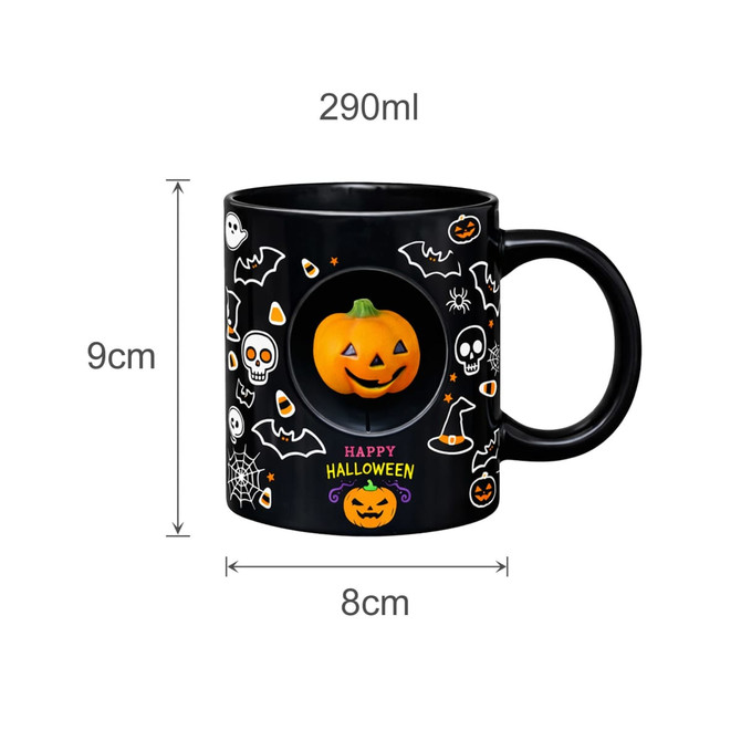 A black ceramic coffee mug featuring Halloween designs, including a pumpkin, bats, and skulls, with a custom spinner toy.