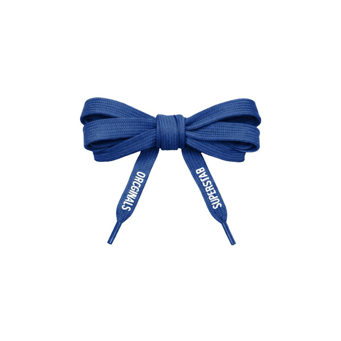 A blue pair of custom shoe laces tied in a bow, featuring printed details on the ends. The image includes a logo.