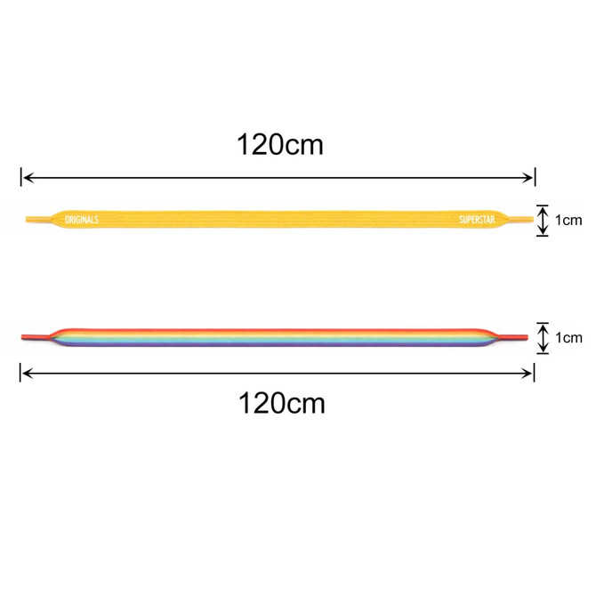 Two pairs of shoe laces: one yellow and one multicoloured, both 120cm long and 1cm wide. Each pair has a logo.