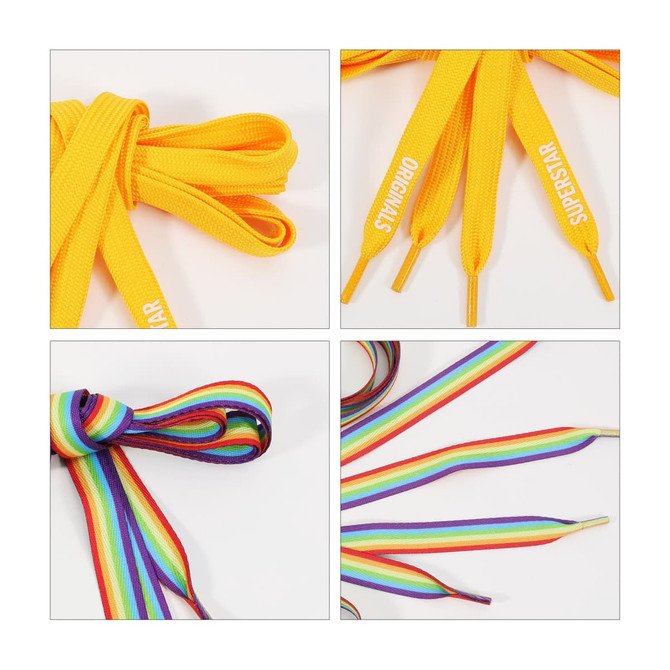 Yellow and rainbow custom shoe laces displayed in a flat lay arrangement, featuring a logo on the yellow laces.