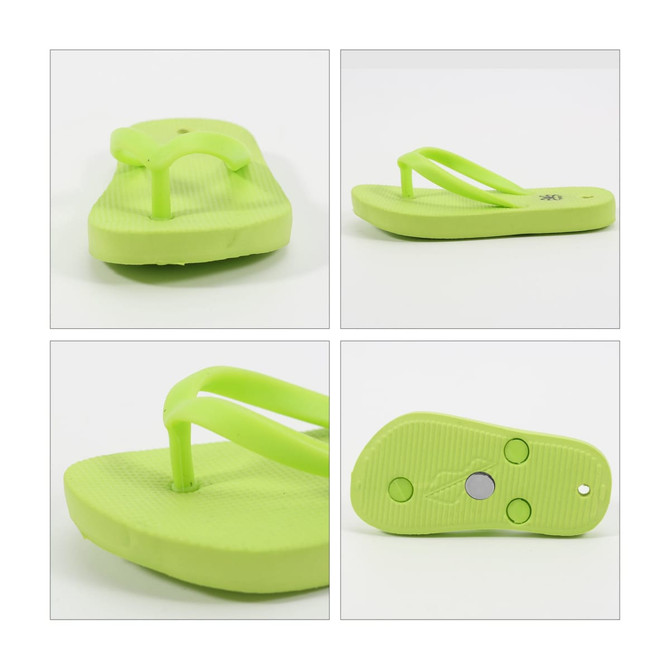 A set of four images of bright green thong-shaped fridge magnets from different angles.