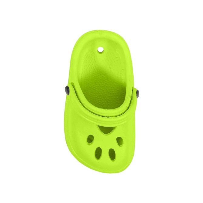 A vibrant lime green paw shape clog shoe magnet with ventilation holes and a black button detail.
