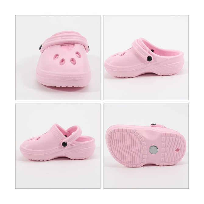 A pink paw-shaped clog shoe fridge magnet with ventilation holes and a strap, featuring a textured sole.