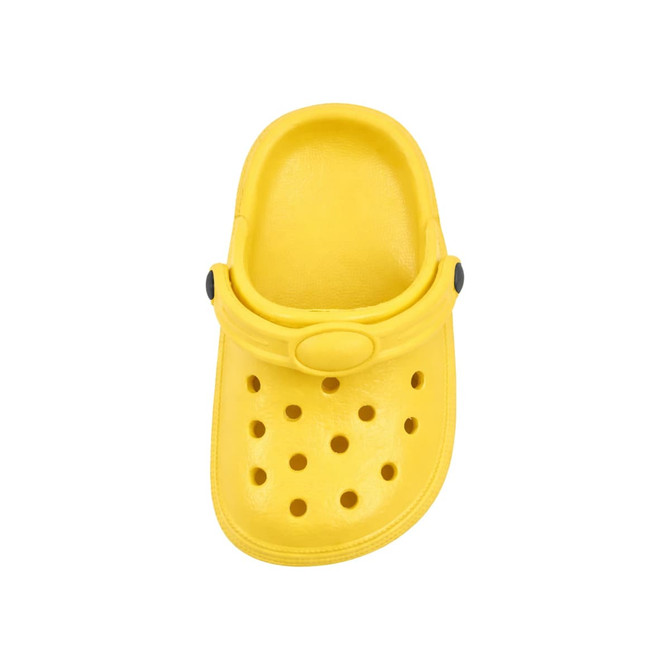 A yellow clog shoe fridge magnet with ventilation holes and a strap, featuring a logo.