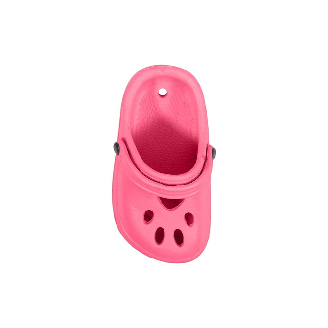 A pink shoe-shaped charm resembling a clog, featuring ventilation holes and a top hole for attachment.