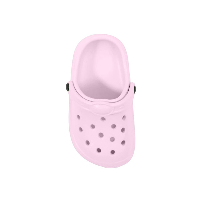 A pink clog shoe-shaped charm with ventilation holes and decorative buttons. It features a simple design and has a smooth finish.