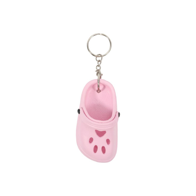 A pink paw-shaped clog shoe keyring with a metal keychain attachment.