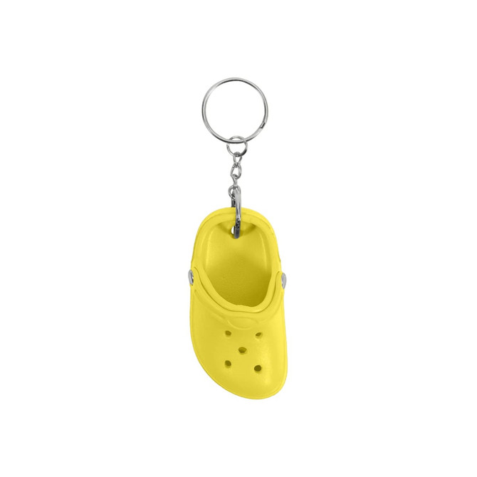 A yellow clog shoe keyring with a metal chain, featuring a rounded design and decorative details.