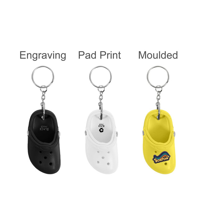 A set of three keyrings shaped like clog shoes in black, white, and yellow, each with different design options presented.
