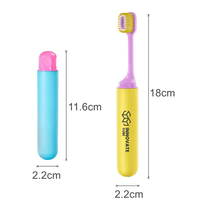A foldable soft bristle toothbrush in yellow and purple, with a protective blue case featuring a logo.