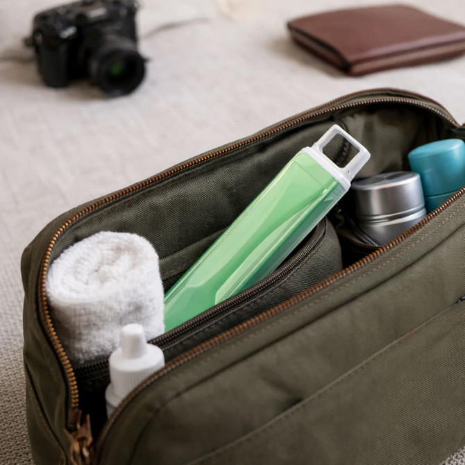 A green folded handle toothbrush inside an olive-green toiletry bag with a towel and other containers.