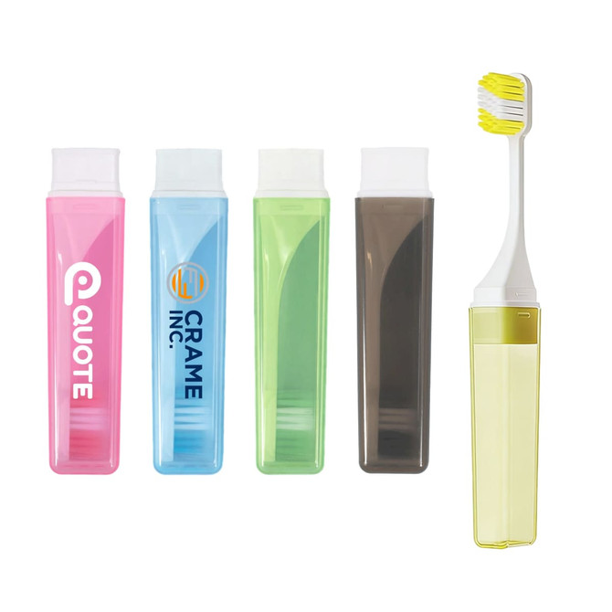 A set of four foldable handle toothbrushes in pink, green, brown, and yellow cases. One toothbrush has a yellow bristle head.