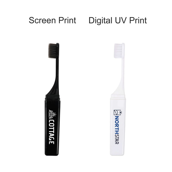 A foldable travel toothbrush in black and white, featuring different printing styles and logos.