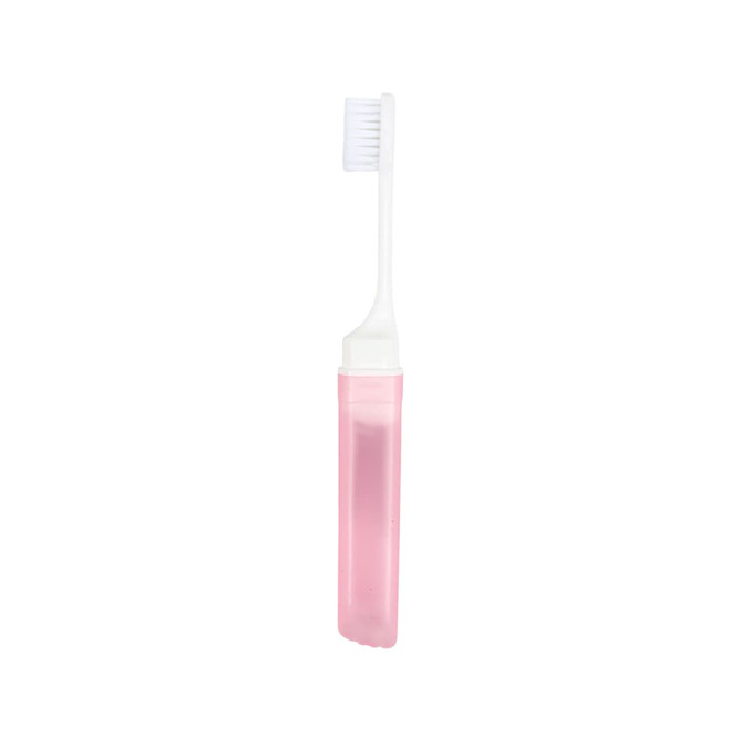 A transparent pink foldable handle toothbrush with a white bristle head, encased in a matching transparent holder.