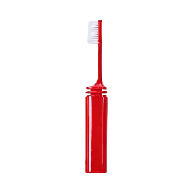 A red foldable toothbrush stored within a matching red case, with a white bristle head extending from the top.