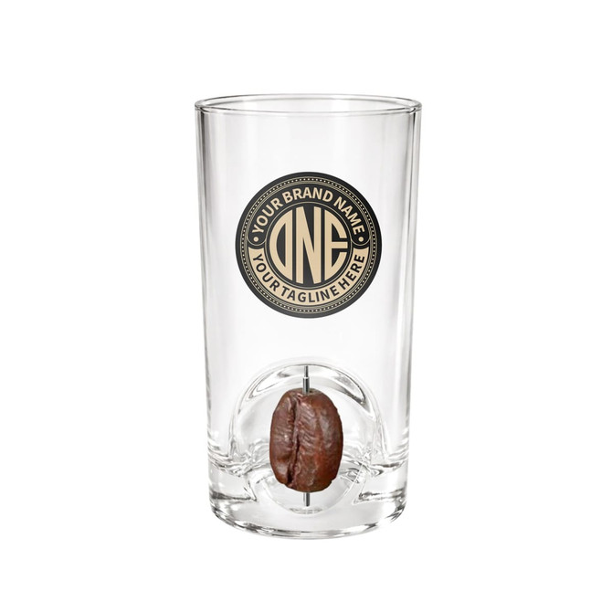A glass cup with a circular spinner toy feature, displaying a coffee bean and a logo. Clear with a sleek design.