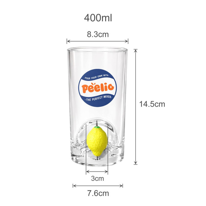 A glass cup with a custom spinner toy in the shape of a lemon, featuring a logo and measurements.