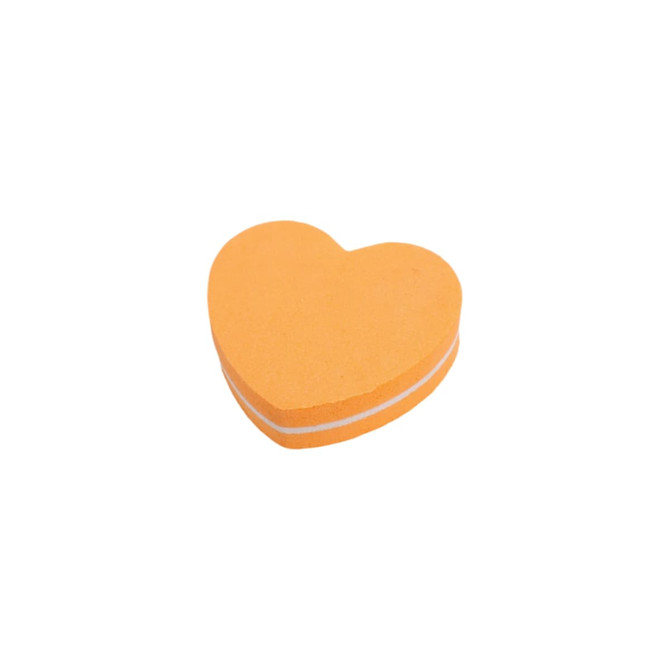 A heart-shaped nail file in orange with a white stripe, featuring a smooth surface for nail care.