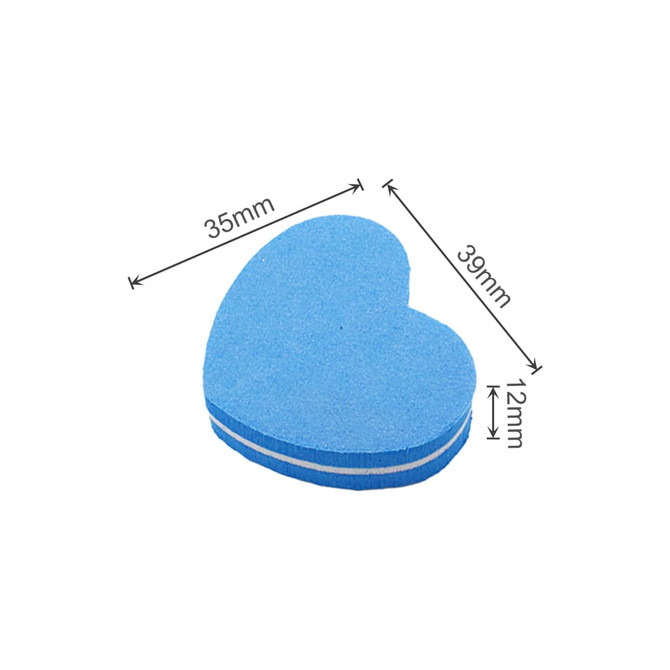 A pack of heart-shaped nail files in blue, featuring a white stripe, measuring 35mm by 39mm, stacked together.