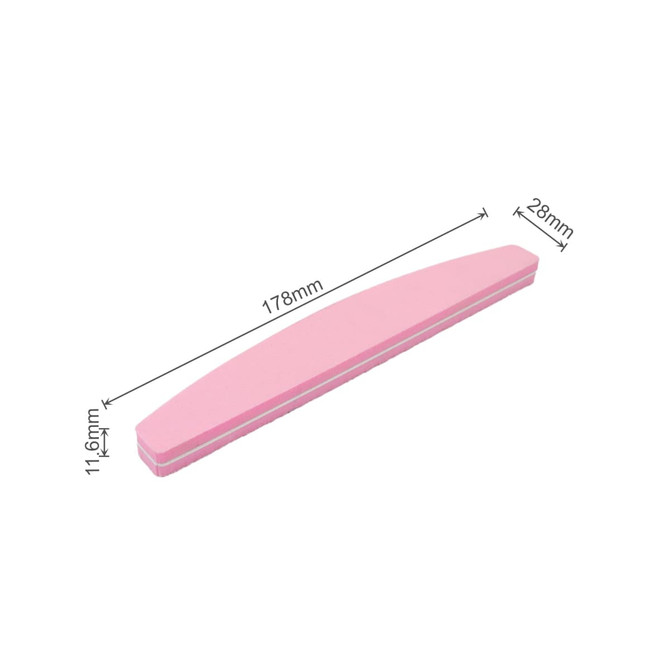 A pink half moon-shaped nail file with dimensions 178mm x 28mm x 11.6mm, featuring a logo.