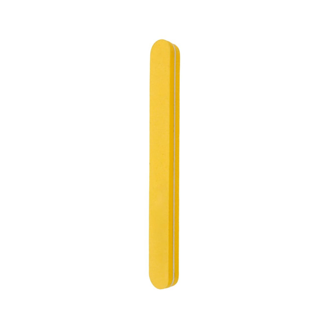 A yellow sponge straight shape nail file with a smooth, elongated design. It features a logo on one side.