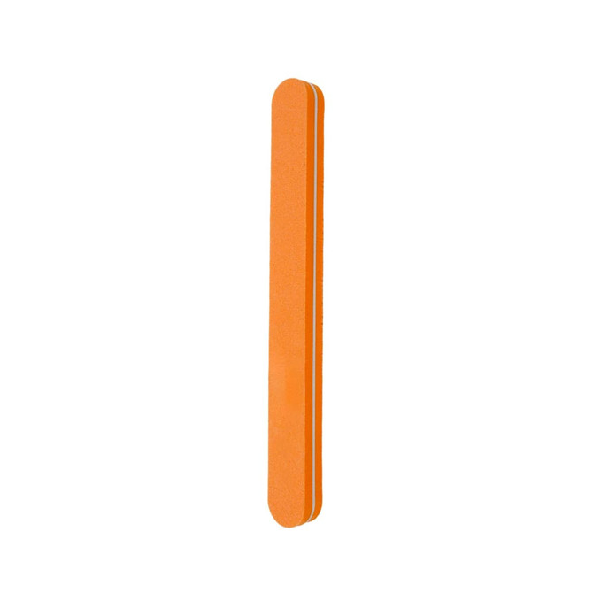 An orange sponge straight shape nail file with a smooth finish, featuring a simple design.