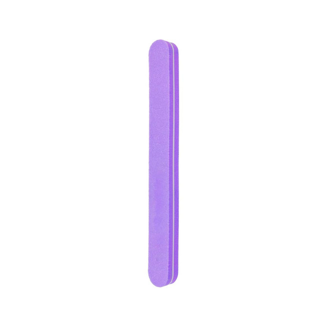 A sponge straight shape nail file in purple, featuring a smooth surface and rounded edges. It includes a logo.