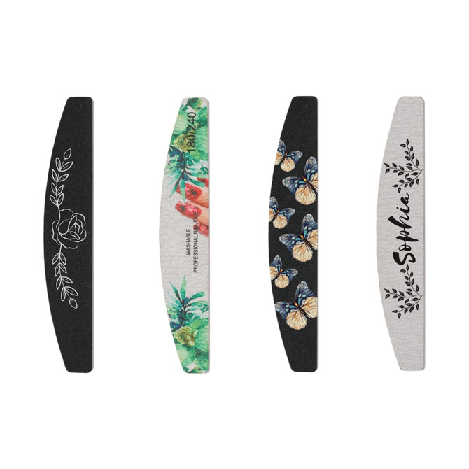 Four half-moon shaped nail files in various designs, featuring floral and butterfly patterns, with a mix of colours.