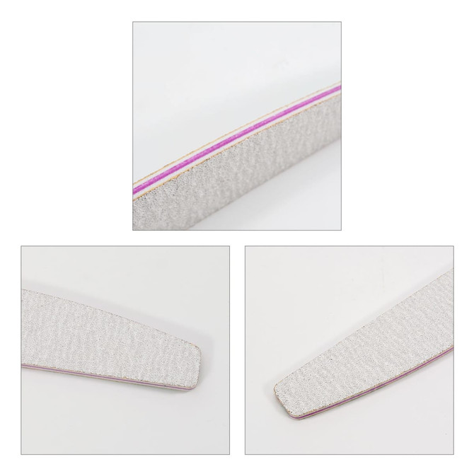 A half moon-shaped nail file in grey and pink with a textured surface and a branding logo.
