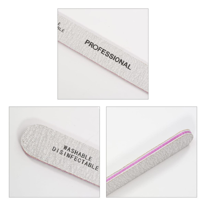 A straight shape nail file in grey with a pink edge, featuring a logo and text labels.