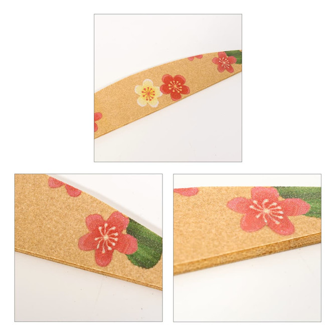A bamboo nail file in beige with floral patterns in red and yellow. Features a logo on the side.