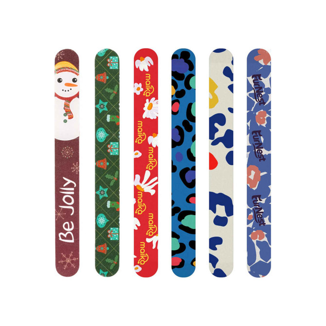 A collection of six colourful sandpaper nail files featuring various festive and playful designs.