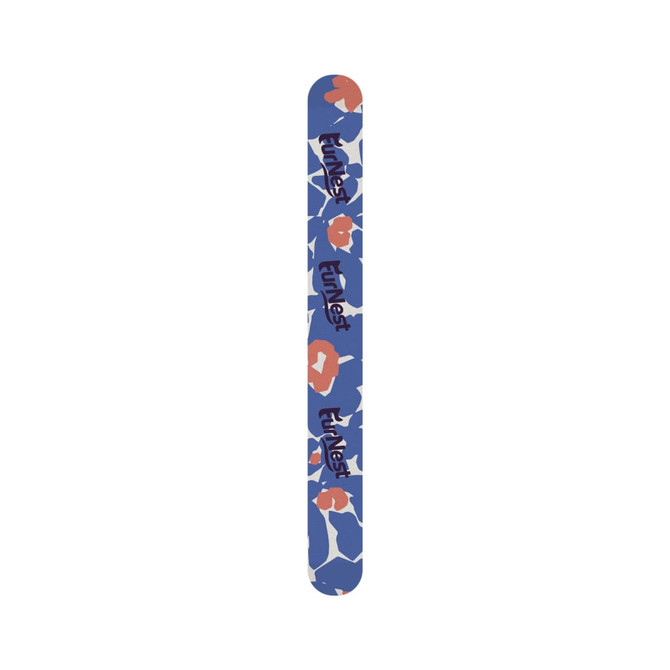 A long sandpaper nail file featuring a floral design in shades of blue and coral, with a logo present.