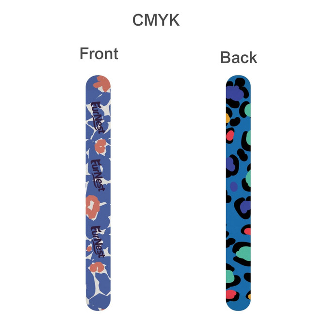 A sandpaper nail file featuring a floral design on the front and a leopard print on the back, in vibrant colours.