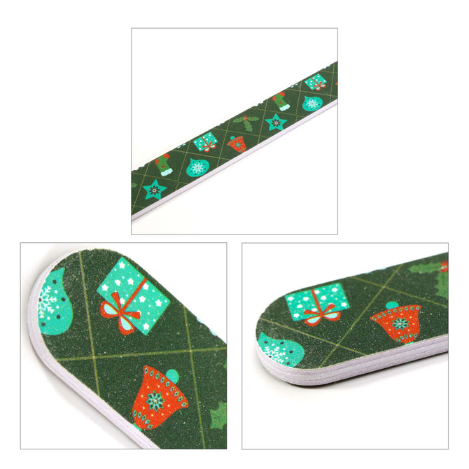 A green sandpaper nail file featuring festive patterns of ornaments and gifts in red and turquoise, with a glitter finish.