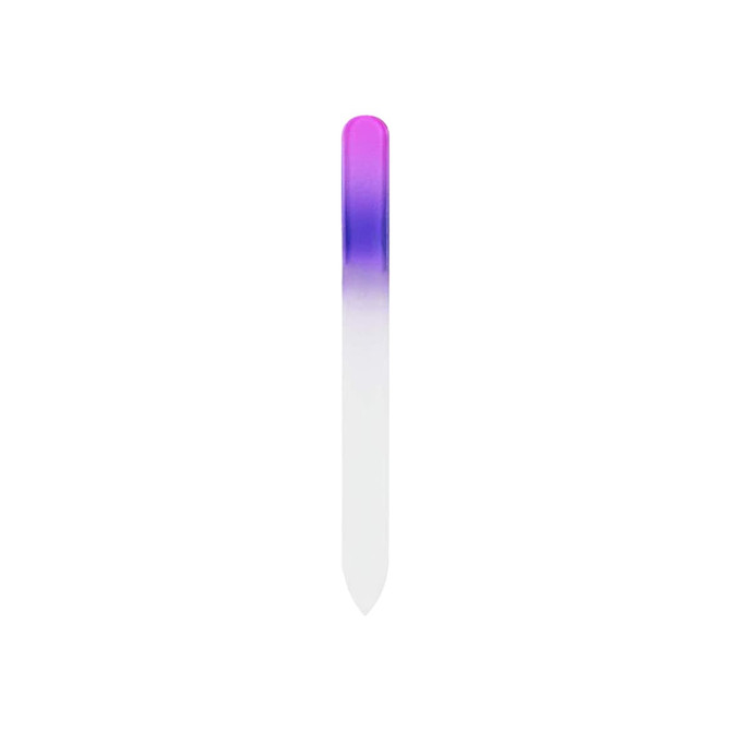 A gradient coloured glass nail file featuring a purple and white design, with a smooth finish.