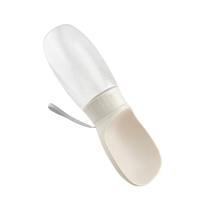 A drink bottle in white and clear with a wide opening and a grey strap, featuring a logo on the body.