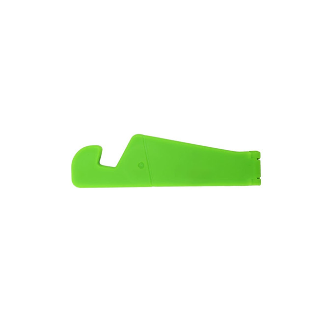 A V-shaped green stand for iPhones and iPads, featuring a sleek design and a logo.