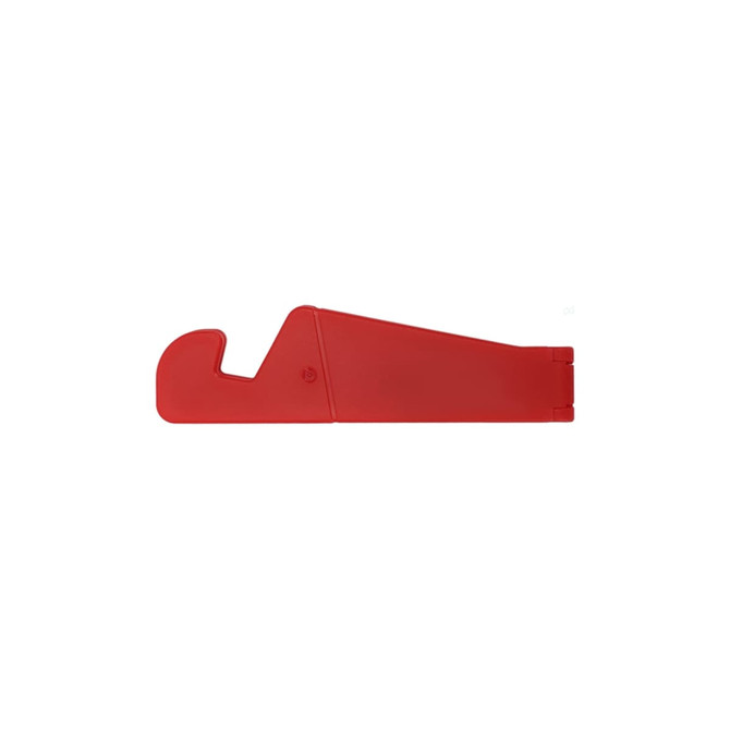 A red V-shaped iPhone and iPad stand with a simple design and a logo.