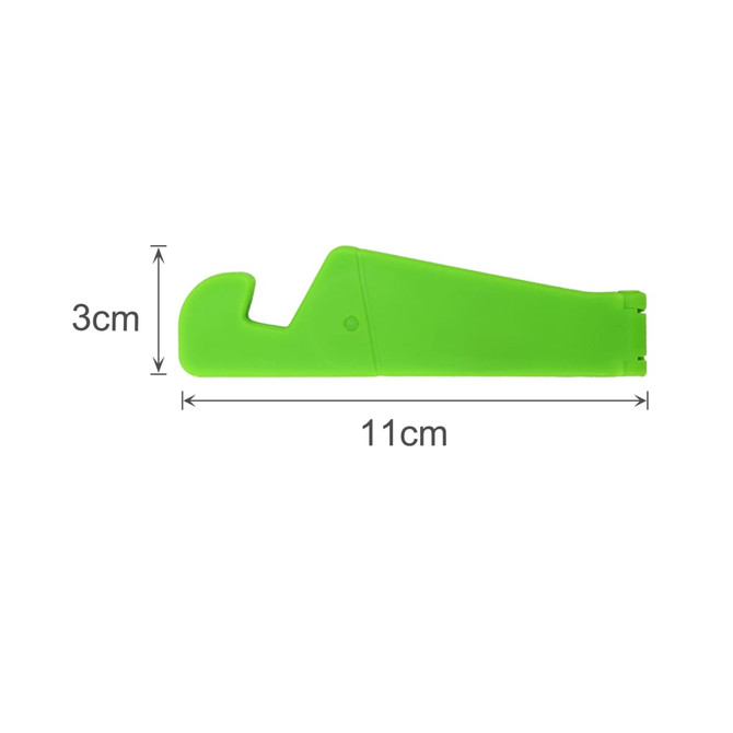 A green V-shaped iPhone and iPad stand, measuring 11cm by 3cm, featuring a simple design.