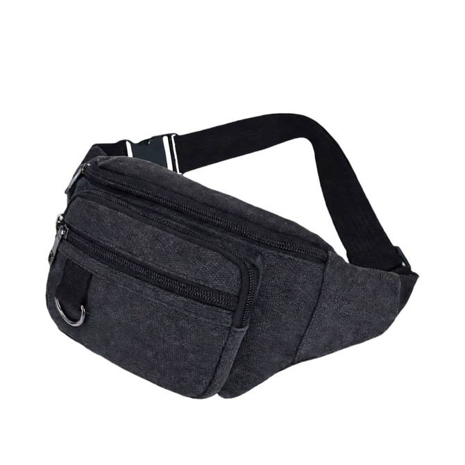 A dark grey canvas waist bag with multiple zippered pockets and an adjustable strap. Features a logo.