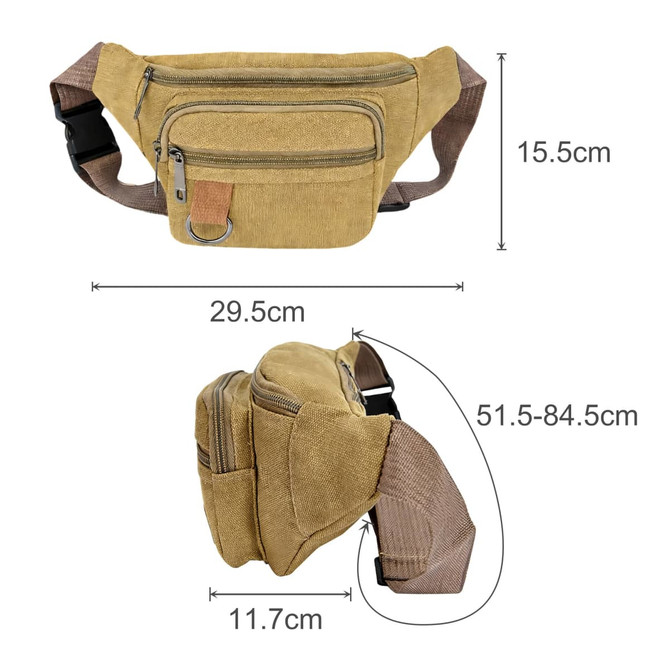 A mustard yellow canvas waist bag with multiple zippered pockets and an adjustable strap. Features a logo.