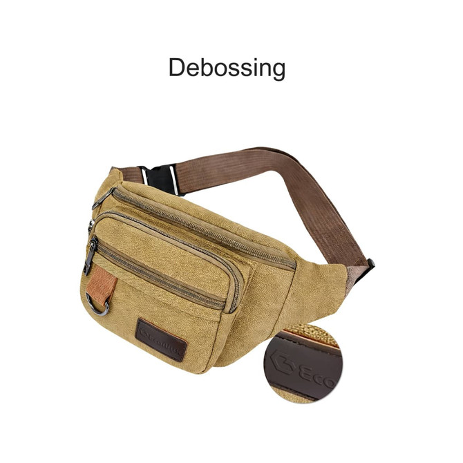 A mustard-coloured canvas waist bag featuring a front zip pocket and a brown strap. It includes a logo detail.