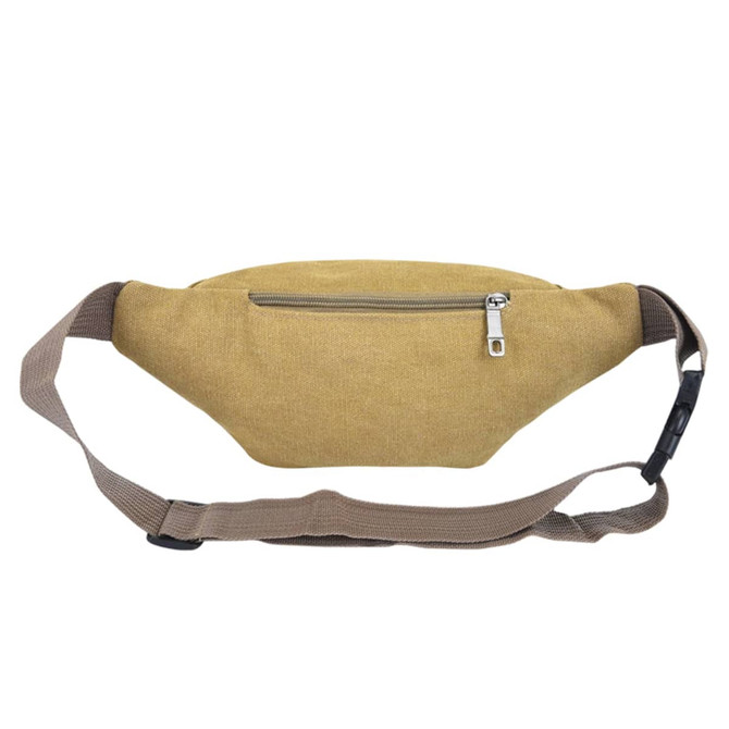 A canvas waist bag in mustard yellow with a zippered front pocket and an adjustable brown strap.