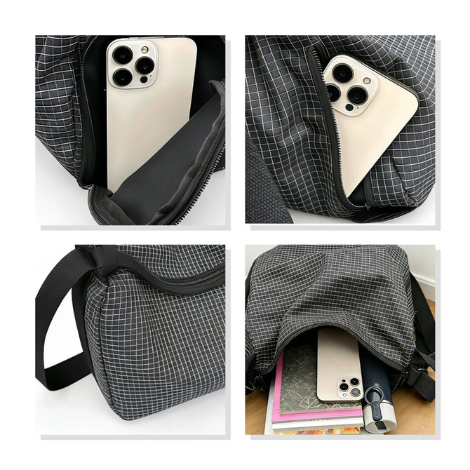 A black and grey checkered convertible backpack duffel bag with a phone, notebook, and drink bottle inside.