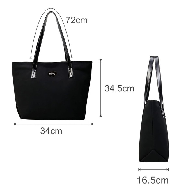 A black suede leather tote bag with silver handles, featuring dimensions of 72cm x 34.5cm x 16.5cm.
