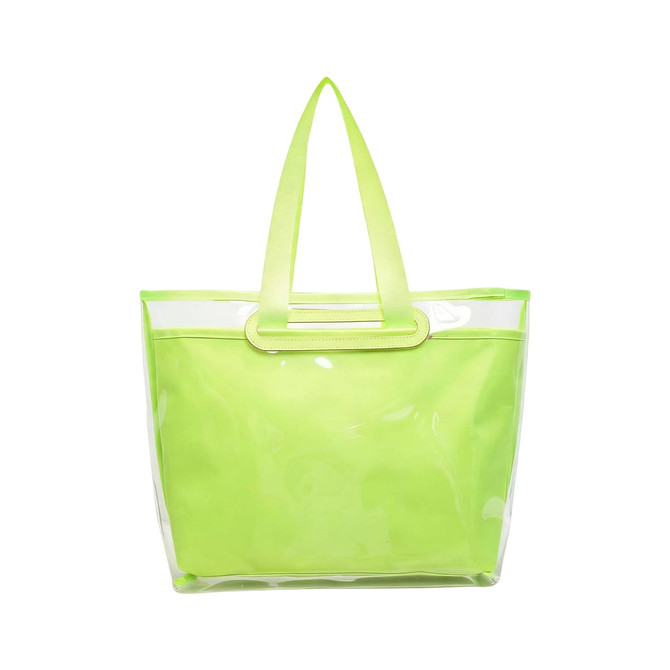 A tote bag with a detachable PVC cover in bright lime green, featuring sturdy handles and a clear exterior.