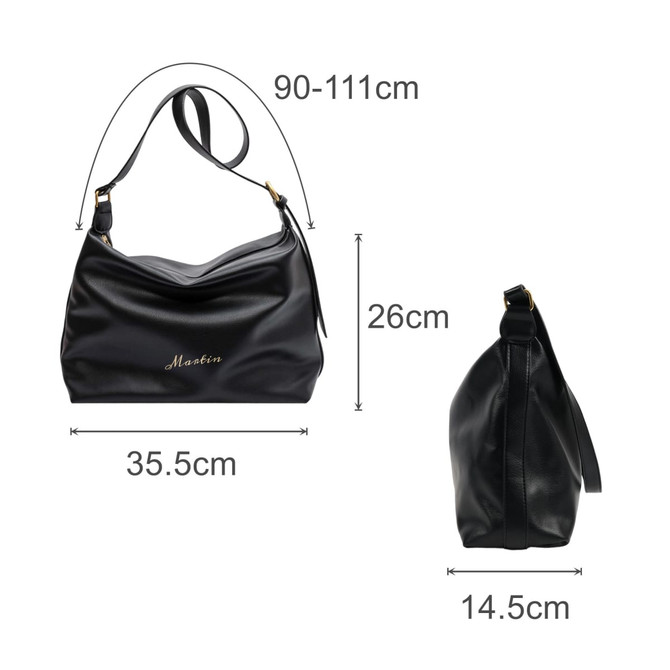 A black polyurethane tote bag with a shoulder strap, featuring a logo and dimensions displayed alongside.